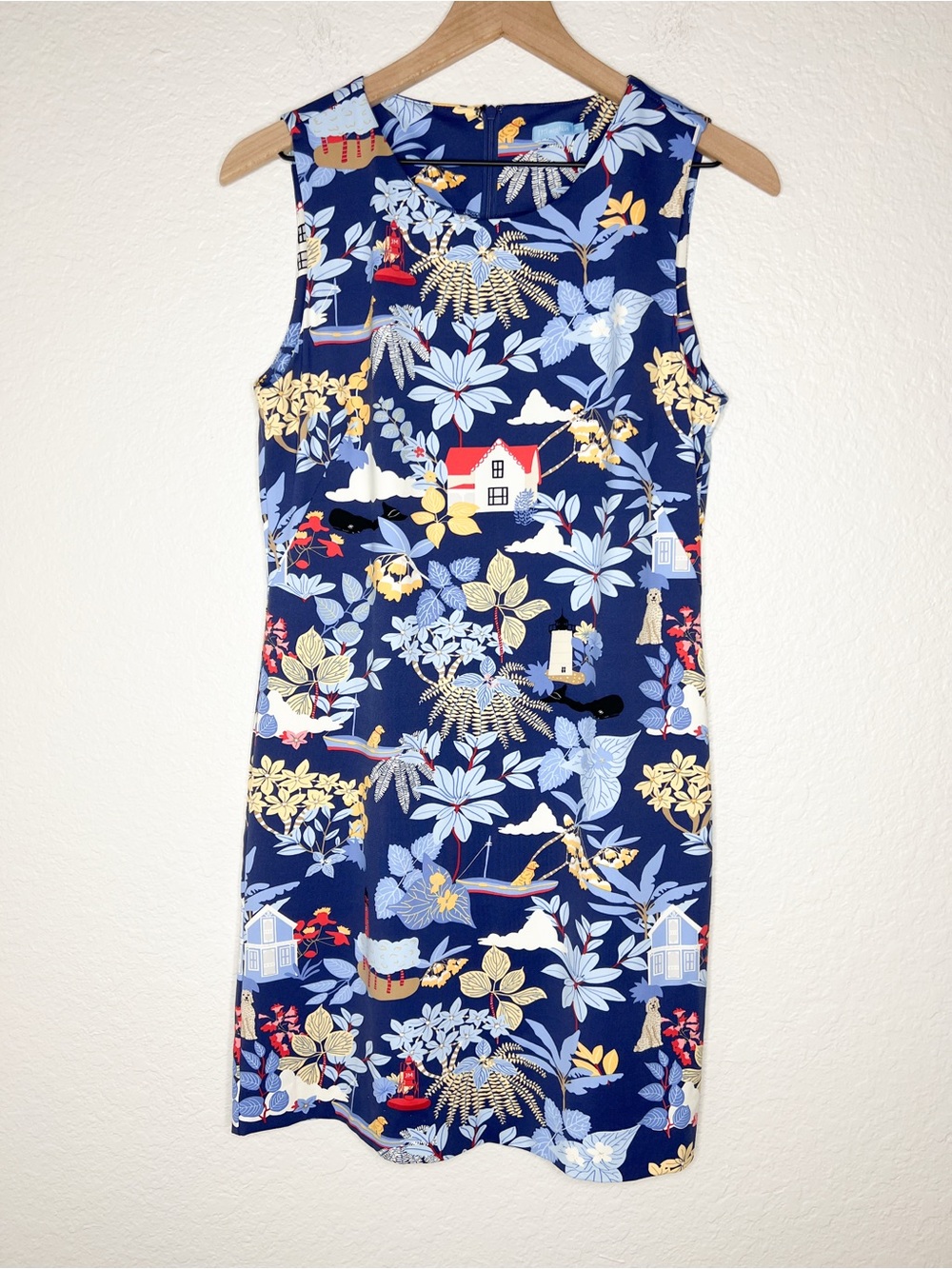 J McLaughlin Sophia Dress Sleeveless Blue Seaside Print Catalina Cloth sz Medium